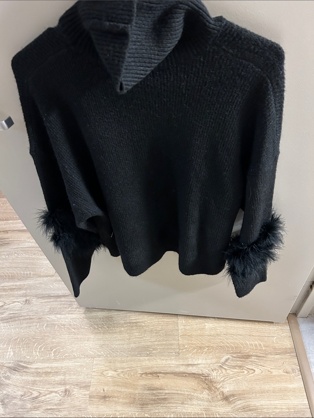 New York & Company Black Feather trim Cuff Turtleneck Sweater
